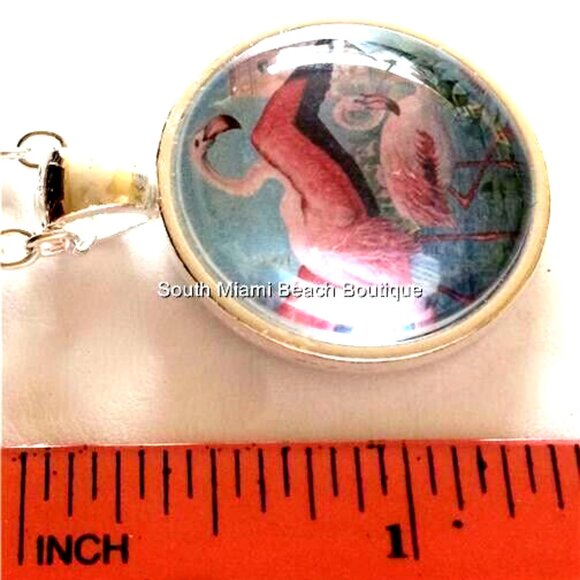 Pink Flamingo Necklace Silver Plated 24" Chain Glass Dome Pendant Tropical - Picture 8 of 9